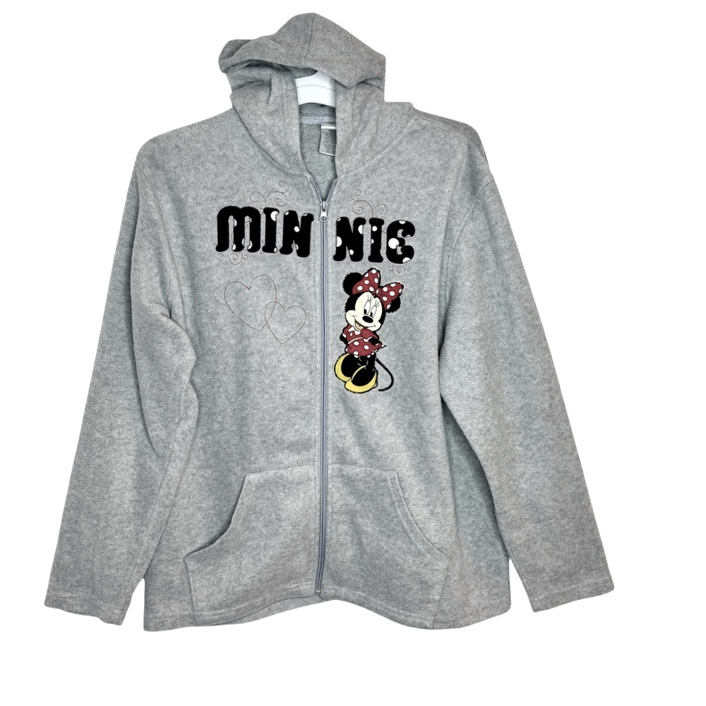 Disney Minnie Mouse Zippered Fleece Hoodie Gray with Pockets Size Large